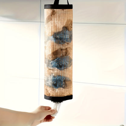 Wall-mounted drawstring bag organizer, PET mesh dispenser for grocery bags, reusable kitchen trash bag holder, multi-functional home storage tool