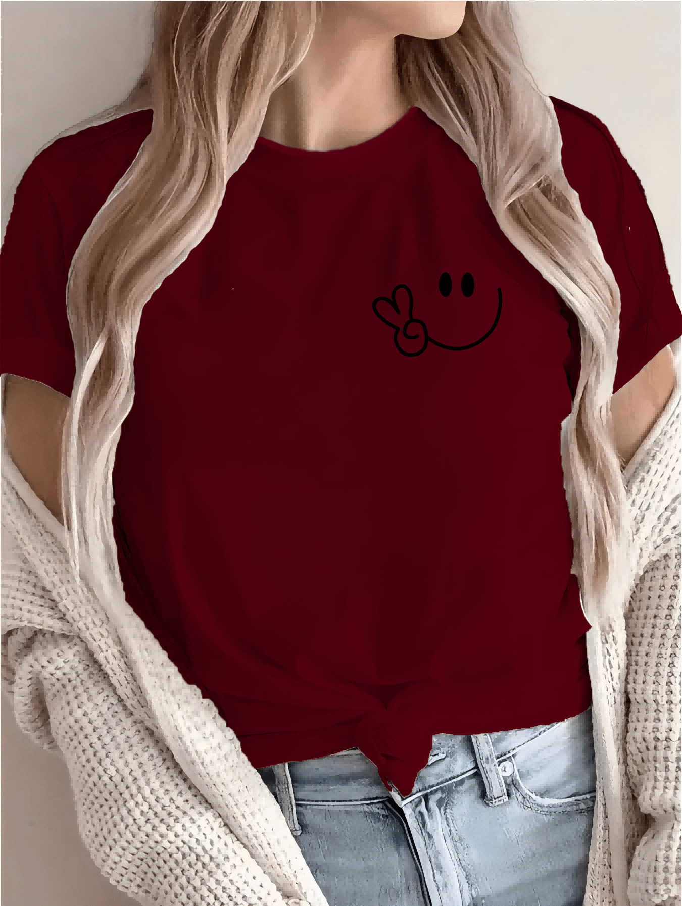 Women'S Casual Crew Neck T-Shirt with Smile Face Graphic, Short Sleeve, Regular Length, Letter Print Design, Soft Fabric, Perfect for Spring and Fall