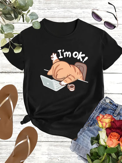 Women'S Casual Crew Neck Short Sleeve T-Shirt - "I'm Ok!" Cat Design, Soft & Comfortable Fabric, Perfect for Spring & Summer Outfits, Casual Wear | Playful Graphic Tee | Comfortable Fit