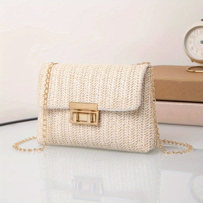 Elegant Beige Woven Shoulder Bag with Chain Strap and Turn-lock Closure