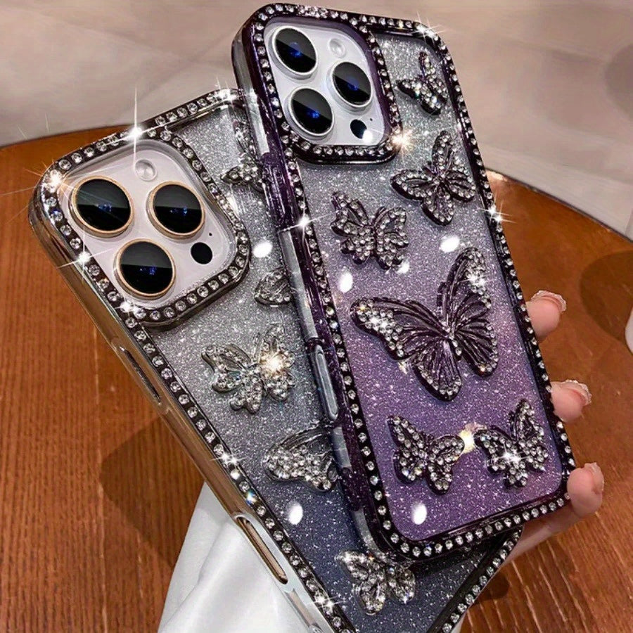 Glitter 3D Butterfly Shiny Case for iPhone 16 15 14 13 12 11 Pro Max Plus Diamond Bling Sparkly Rhinestone Girls Pink Cute Cover