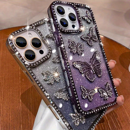 Glitter 3D Butterfly Shiny Case for iPhone 16 15 14 13 12 11 Pro Max Plus Diamond Bling Sparkly Rhinestone Girls Pink Cute Cover