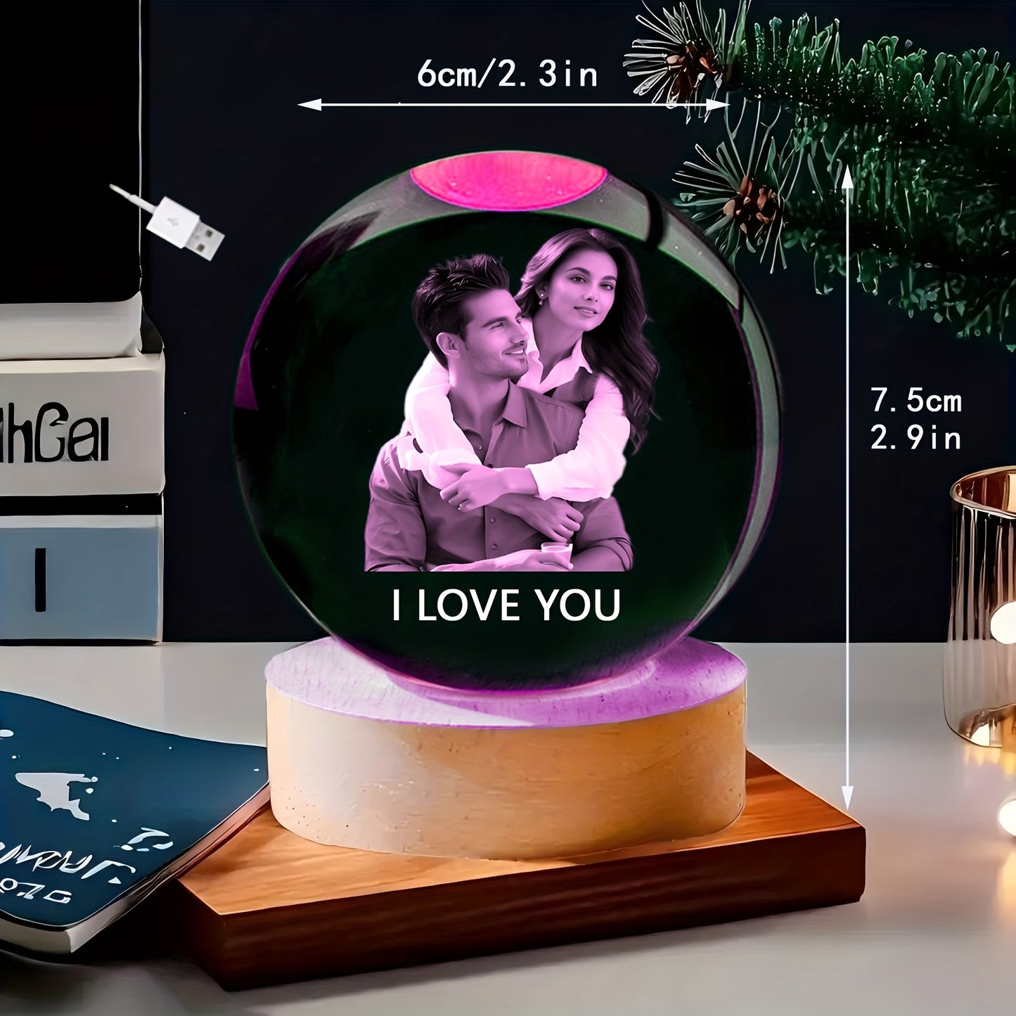 Customizable Crystal Ball with Wooden Base - Personalized Photo Glass Sphere for Bedroom, Living Room Decor - Ideal Gift for Birthdays, Valentine'S Day, Thanksgiving, Christmas - DIY Engraved Option, USB Powered, No Battery N