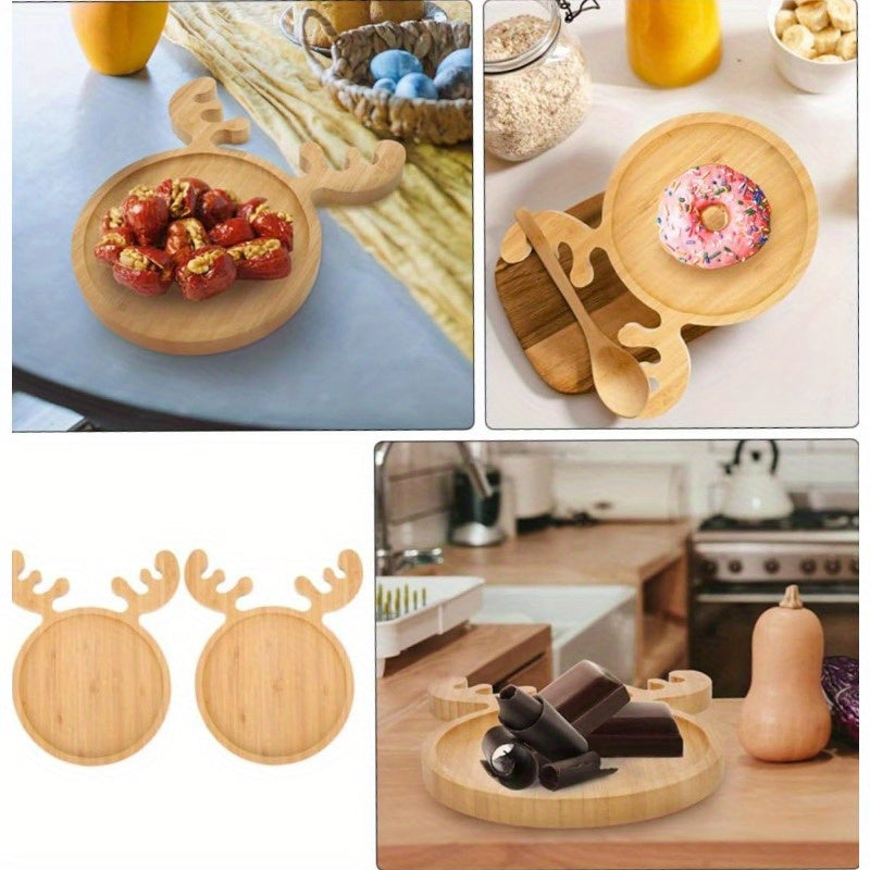 1pc Holiday Deer Bamboo Plate - Mini Sushi, Fruit & Dessert Serving Tray with Natural Wood Finish, Reusable Christmas Party Centerpiece & Snack Display, High-Quality Recycled Wood for Festive Table Decor, Holiday Table Decor