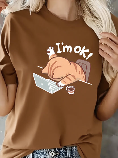 Women'S Casual Crew Neck Short Sleeve T-Shirt - "I'm Ok!" Cat Design, Soft & Comfortable Fabric, Perfect for Spring & Summer Outfits, Casual Wear | Playful Graphic Tee | Comfortable Fit
