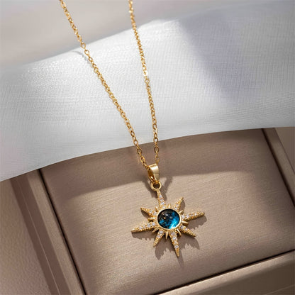 1pc Fashion Starburst Pendant Necklace, Copper with Synthetic Cubic Zirconia, Stainless Steel Chain, Elegant Gift for Wife and Daughter, Anniversary and Birthday Accessory