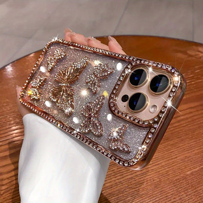 Glitter 3D Butterfly Shiny Case for iPhone 16 15 14 13 12 11 Pro Max Plus Diamond Bling Sparkly Rhinestone Girls Pink Cute Cover
