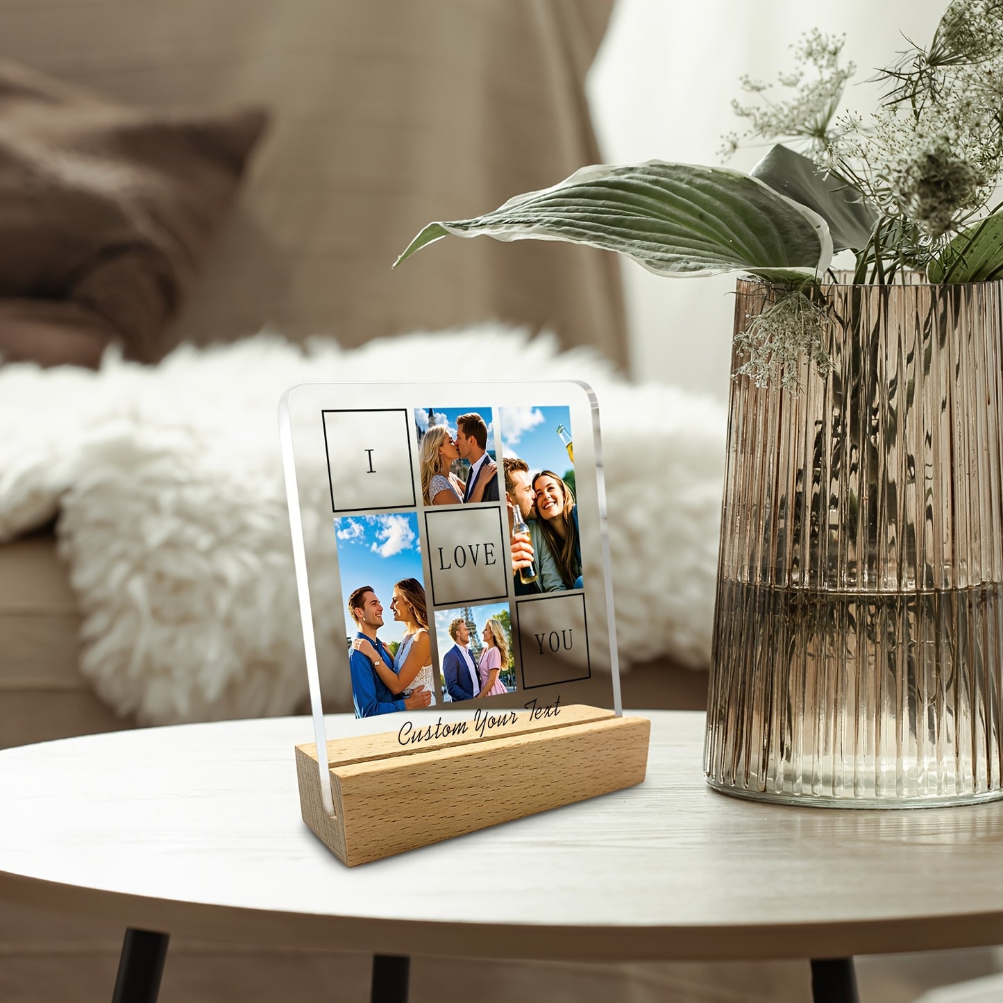 2D Flat, 2D Flat Custom Crystal Plaque - 1 Piece with 4 Photos & Text, Bohemian-Style Desktop Decoration Stand for Anniversaries/Birthdays (Mother's Day or Valentine’s) – Unisex Gift Idea + Wedding Halloween Christmas Dé