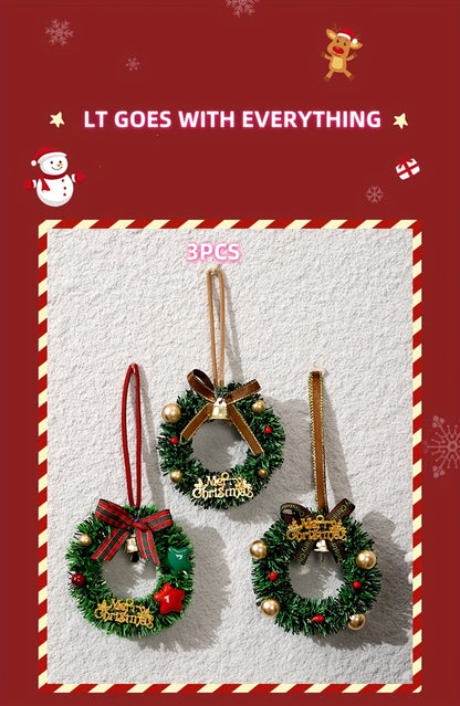3pcs, 5pcs Random Styles Christmas Tree Decorative Window Display Pendants, Mini Wreath Ornaments, Handmade Mini Garland Hanging Decorations, Festive Car Bell Set for Holiday Atmosphere – Perfect for Christmas, Parties & Ne