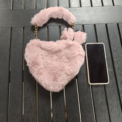 1pc Cozy Heart-Shaped Faux Fur Crossbody Bag, Polyester Plush Love Purse with Chain Shoulder Strap, Soft Pink/White/Black Fashion Handbag, Ideal for Christmas & Valentine'S Day Gifts