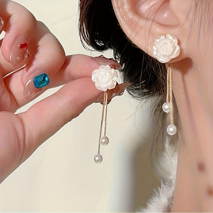 Luxury Floral Stud Earrings with Faux & Rhinestone Tassels, Copper Base & 925 Sterling Silver
