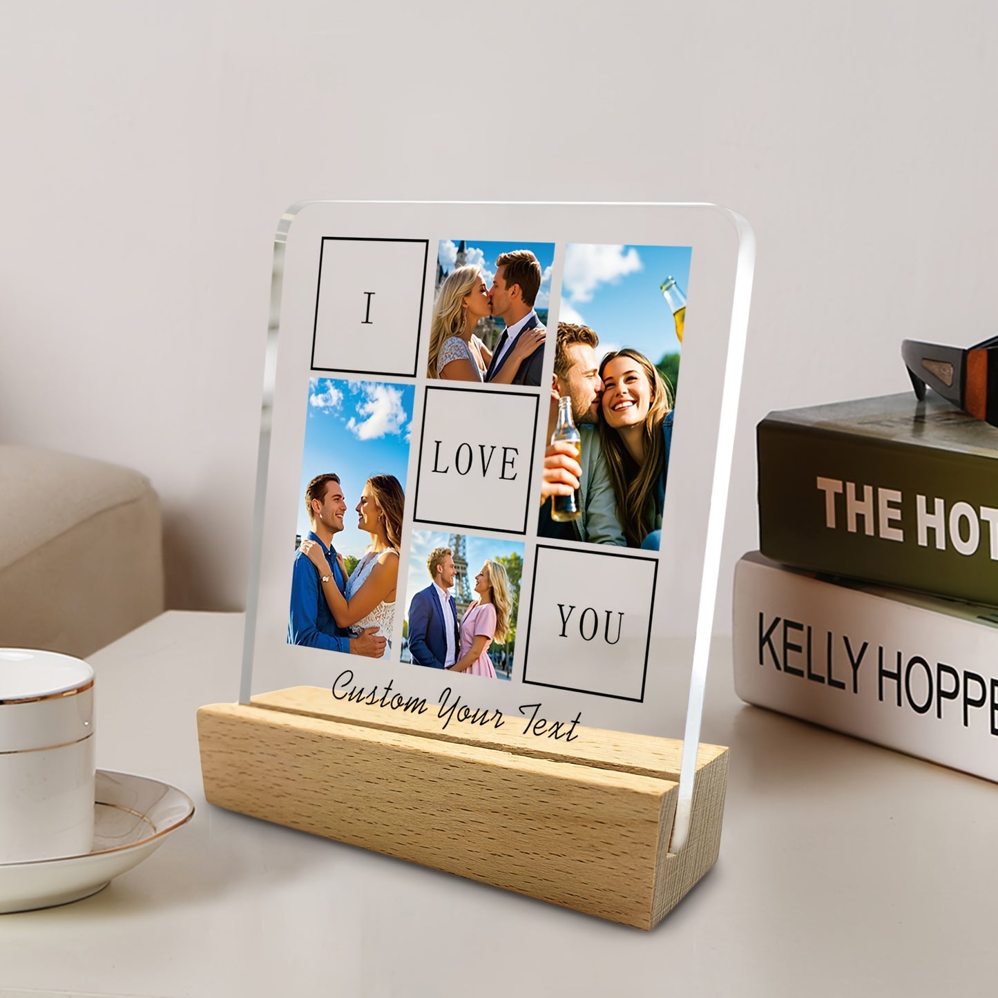 2D Flat, 2D Flat Custom Crystal Plaque - 1 Piece with 4 Photos & Text, Bohemian-Style Desktop Decoration Stand for Anniversaries/Birthdays (Mother's Day or Valentine’s) – Unisex Gift Idea + Wedding Halloween Christmas Dé