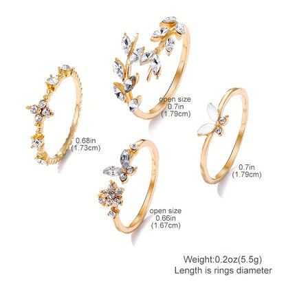 Elegant and Exquisite Y2K Style Sparkling Rhinestone Leaves Flowers Butterflies rings