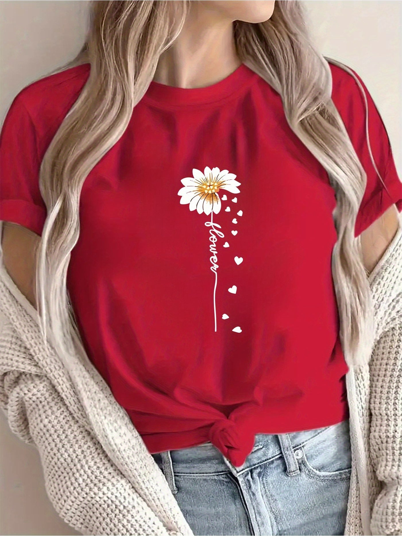 Women'S Floral Print T-Shirt - Casual & Vacation Style, Short Sleeve Crew Neck, Spring/Summer Collection, Machine Washable, Slim Fit with Vibrant Flower Design, Lightweight Polyester Blend, Perfect for Casual Attire, Casual S