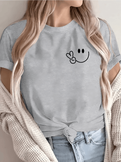 Women'S Casual Crew Neck T-Shirt with Smile Face Graphic, Short Sleeve, Regular Length, Letter Print Design, Soft Fabric, Perfect for Spring and Fall