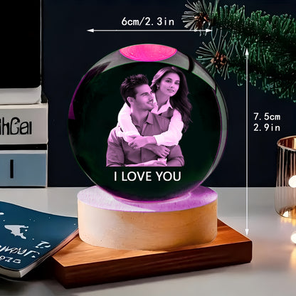 Customizable Crystal Ball with Wooden Base - Personalized Photo Glass Sphere for Bedroom, Living Room Decor - Ideal Gift for Birthdays, Valentine'S Day, Thanksgiving, Christmas - DIY Engraved Option, USB Powered, No Battery N