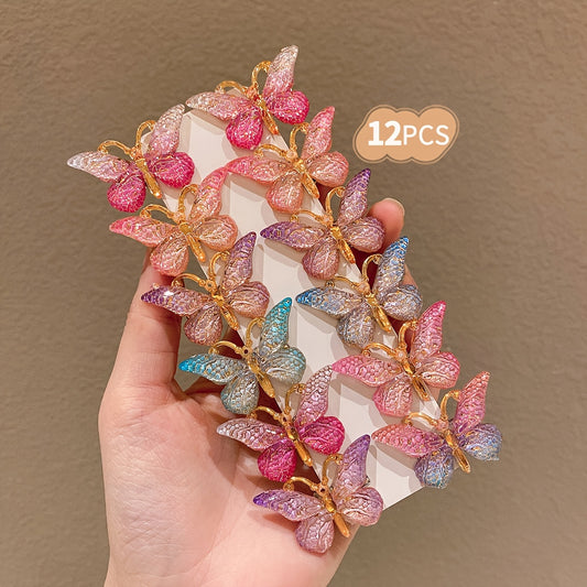 12pcs Colorful Gradient Butterfly Hair Clips for Girls - Pastel to Vibrant Pink, Purple, Blue, Green & More - Resin Hair Accessories for Parties, Costumes, Everyday Use, Butterfly Hair Clips, Party Hair Accessories, Gradient