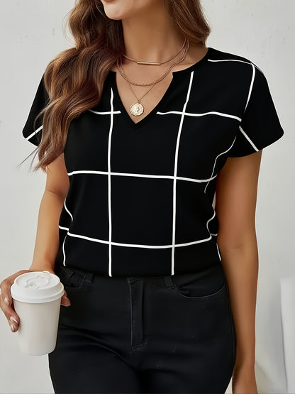 Women's Casual Plaid Print Shirt, V-Neck Short Sleeve Buttonless Blouse, Perfect for Spring and Summer Daily Outings, Vacation, Commuting, Stylish Women's Top, Cute T-Shirt, V-Neck, Summer Wear, Elegant Top, Casual Shirt, Ret