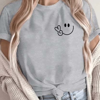 Women'S Casual Crew Neck T-Shirt with Smile Face Graphic, Short Sleeve, Regular Length, Letter Print Design, Soft Fabric, Perfect for Spring and Fall