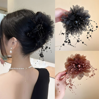 Feather beaded tassel flower hair clip, fluffy peony flower grappling clip for increased hair volume, shark clip for elegant hair flower accessory