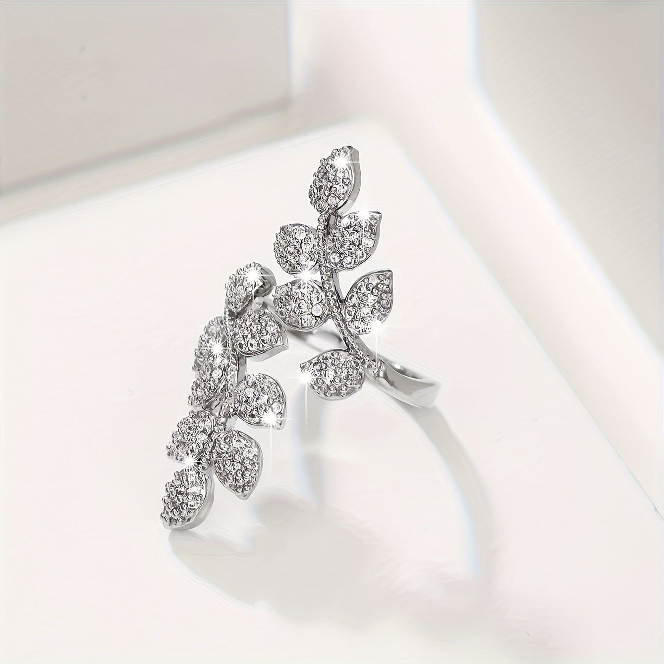 Adjustable Ladies' Ring With Trendy Copper Inlaid With Zirconia, Featuring Tree Leaves And Wheat Spikes