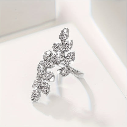 Adjustable Ladies' Ring With Trendy Copper Inlaid With Zirconia, Featuring Tree Leaves And Wheat Spikes