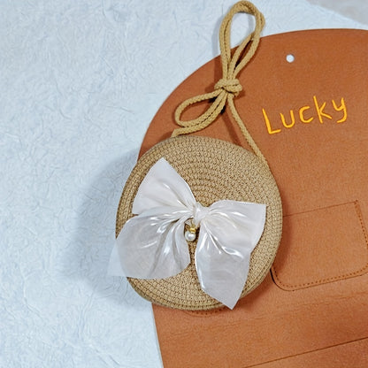 Elegant Coffee-Colored Round Woven Crossbody Bag with Pearl Bow Detail