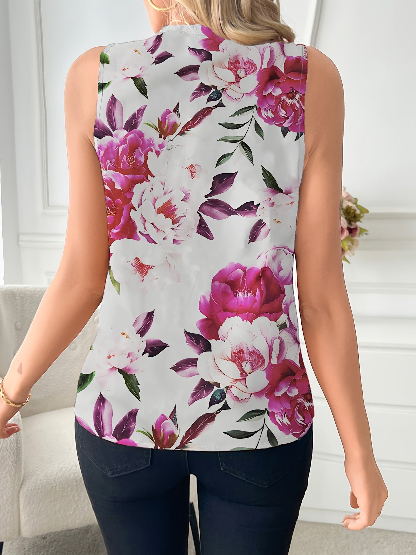 Elegant Women's V-Neck Blouse with Floral Print - Sleeveless, Casual Summer Top, Machine Washable