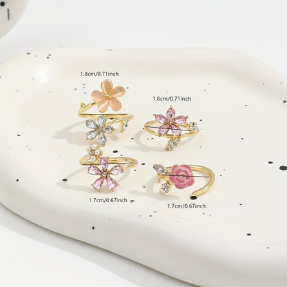 4pcs Set of Alloy Rhinestone Imitation Pearl Oil Painting Stacked Ring Set