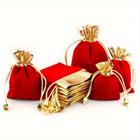 Red Velvet Drawstring Bag with Golden Accents - Elegant Wedding Party Gift, Candy Bag, Jewelry Pouch for Weddings, Birthdays and Special Occasions, Special Event Bag | Luxury Gift Bag | Fashionable Golden Details, Gift Giving