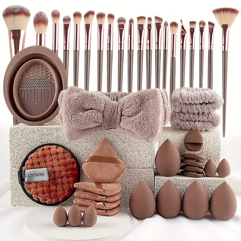 46pcs/45pcs/40pcs/20pcs/35pcs27pcs Makeup Brush Set Facial and Eye Shadow Brushes Super Soft Concealer, Blush, Contouring, Mixing, Eyeshadow, Makeup Sponge Set Powder Puff Suitable for All Skin Types, Face Washing Hair Tie Co