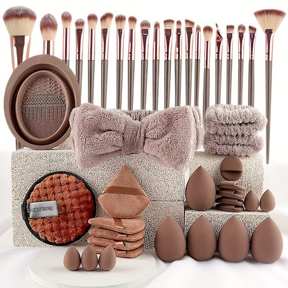 46pcs/45pcs/40pcs/20pcs/35pcs27pcs Makeup Brush Set Facial and Eye Shadow Brushes Super Soft Concealer, Blush, Contouring, Mixing, Eyeshadow, Makeup Sponge Set Powder Puff Suitable for All Skin Types, Face Washing Hair Tie Co