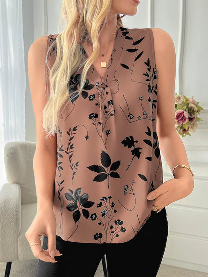 Elegant Women's V-Neck Blouse with Floral Print - Sleeveless, Casual Summer Top, Machine Washable