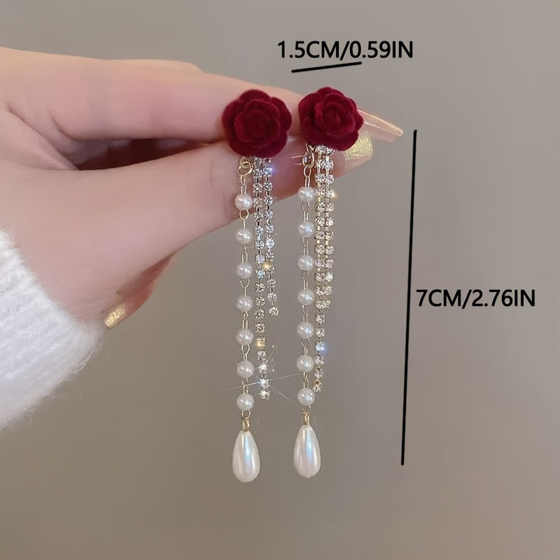 Luxury Floral Stud Earrings with Faux & Rhinestone Tassels, Copper Base & 925 Sterling Silver