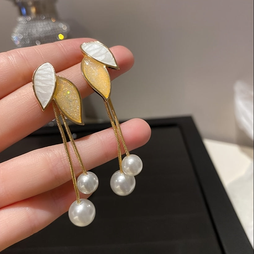 Elegant Leaf-Shaped Drop Earrings with Imitation Pearls