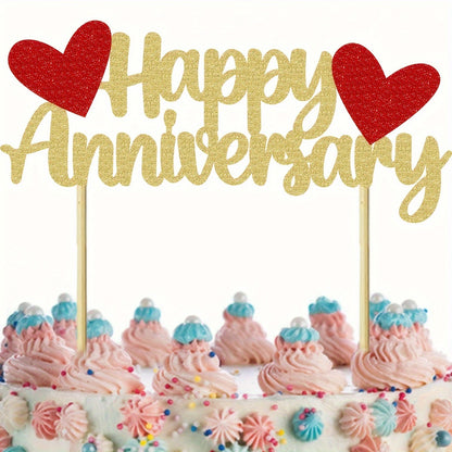 1 Pack Bamboo Happy Anniversary Cake Topper, Glittering Non-Electric Universal Holiday Cake Decoration Supplies for Wedding Celebrations for Halloween, Christmas Event & Party Supplies
