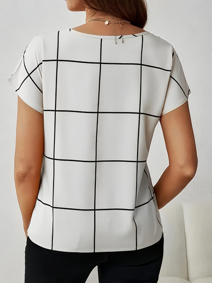 Women's Casual Plaid Print Shirt, V-Neck Short Sleeve Buttonless Blouse, Perfect for Spring and Summer Daily Outings, Vacation, Commuting, Stylish Women's Top, Cute T-Shirt, V-Neck, Summer Wear, Elegant Top, Casual Shirt, Ret