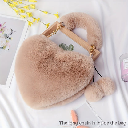 1pc Cozy Heart-Shaped Faux Fur Crossbody Bag, Polyester Plush Love Purse with Chain Shoulder Strap, Soft Pink/White/Black Fashion Handbag, Ideal for Christmas & Valentine'S Day Gifts