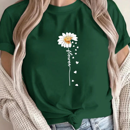 Women'S Floral Print T-Shirt - Casual & Vacation Style, Short Sleeve Crew Neck, Spring/Summer Collection, Machine Washable, Slim Fit with Vibrant Flower Design, Lightweight Polyester Blend, Perfect for Casual Attire, Casual S