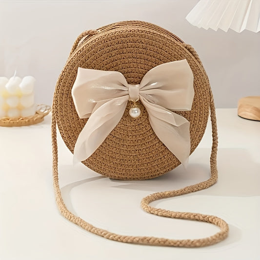 Elegant Coffee-Colored Round Woven Crossbody Bag with Pearl Bow Detail