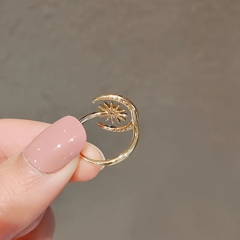 Adjustable Open Sun and Moon Couple's Ring with Rhinestones - Fashion Zinc Alloy Jewelry