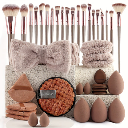 46pcs/45pcs/40pcs/20pcs/35pcs27pcs Makeup Brush Set Facial and Eye Shadow Brushes Super Soft Concealer, Blush, Contouring, Mixing, Eyeshadow, Makeup Sponge Set Powder Puff Suitable for All Skin Types, Face Washing Hair Tie Co