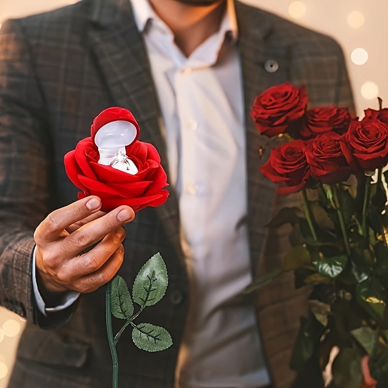 Velvet Rose Ring Box with Green Leaf Accents - Perfect for Valentine'S Day, Mother'S Day, Qixi Festival, and Special Occasions like Weddings, Engagements, and Proposals, Valentine'S Day Gift | Romantic Gift | Velvet Rose Ring