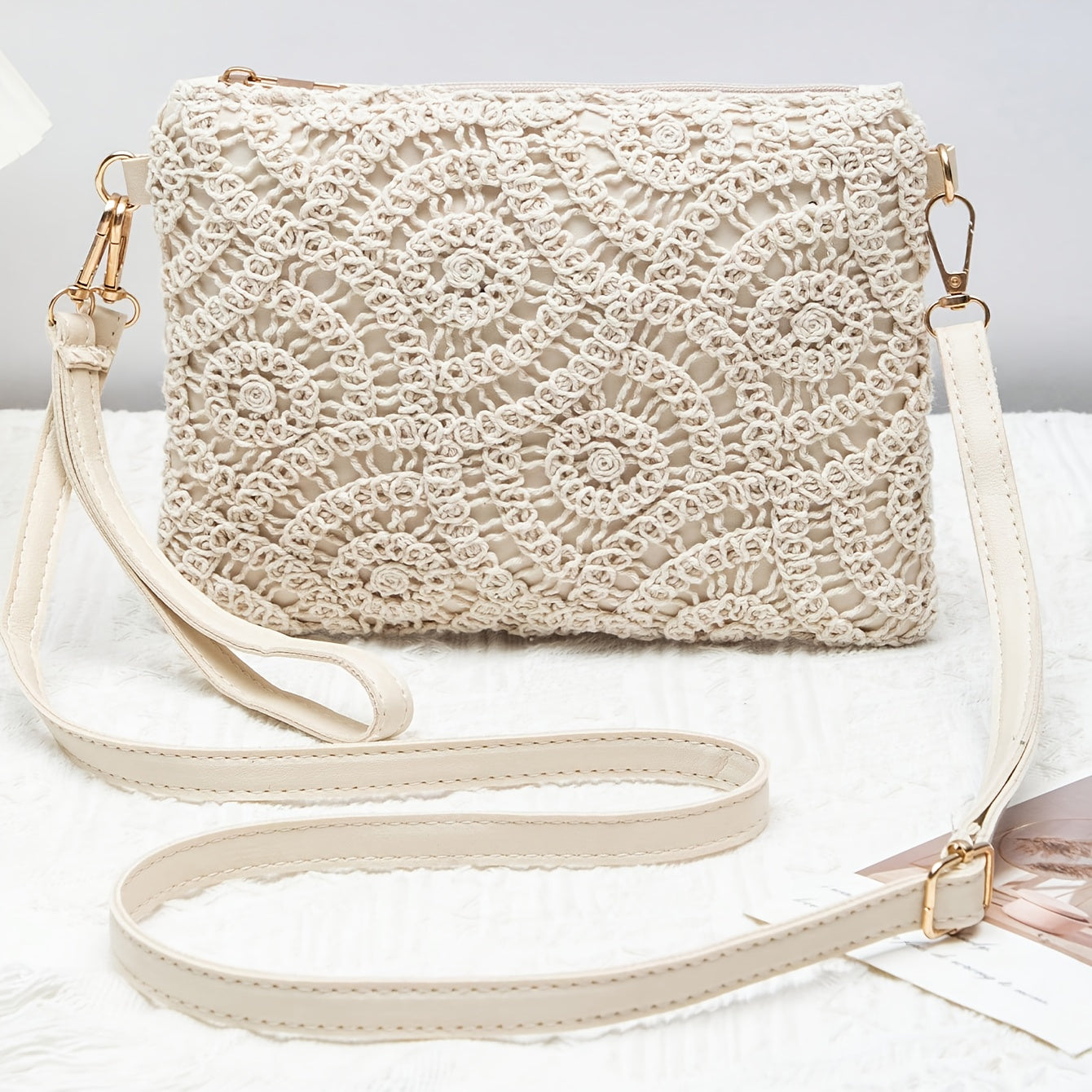 Elegant White Lace Crossbody Bag with Removable Beige Strap - Floral Pattern, Zipper Closure, Polyester Lining, Perfect for Spring & Summer Outfits, Casual or Formal Wear, Ladies Purse