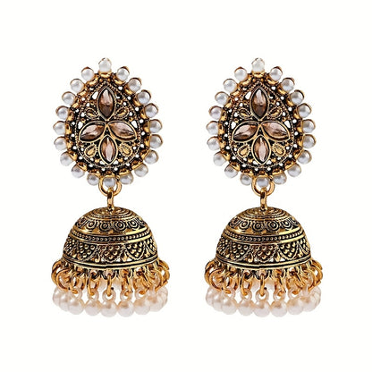 Bohemian Ethnic Golden-Tone Earrings with Imitation Pearl Accents & Synthetic Stones
