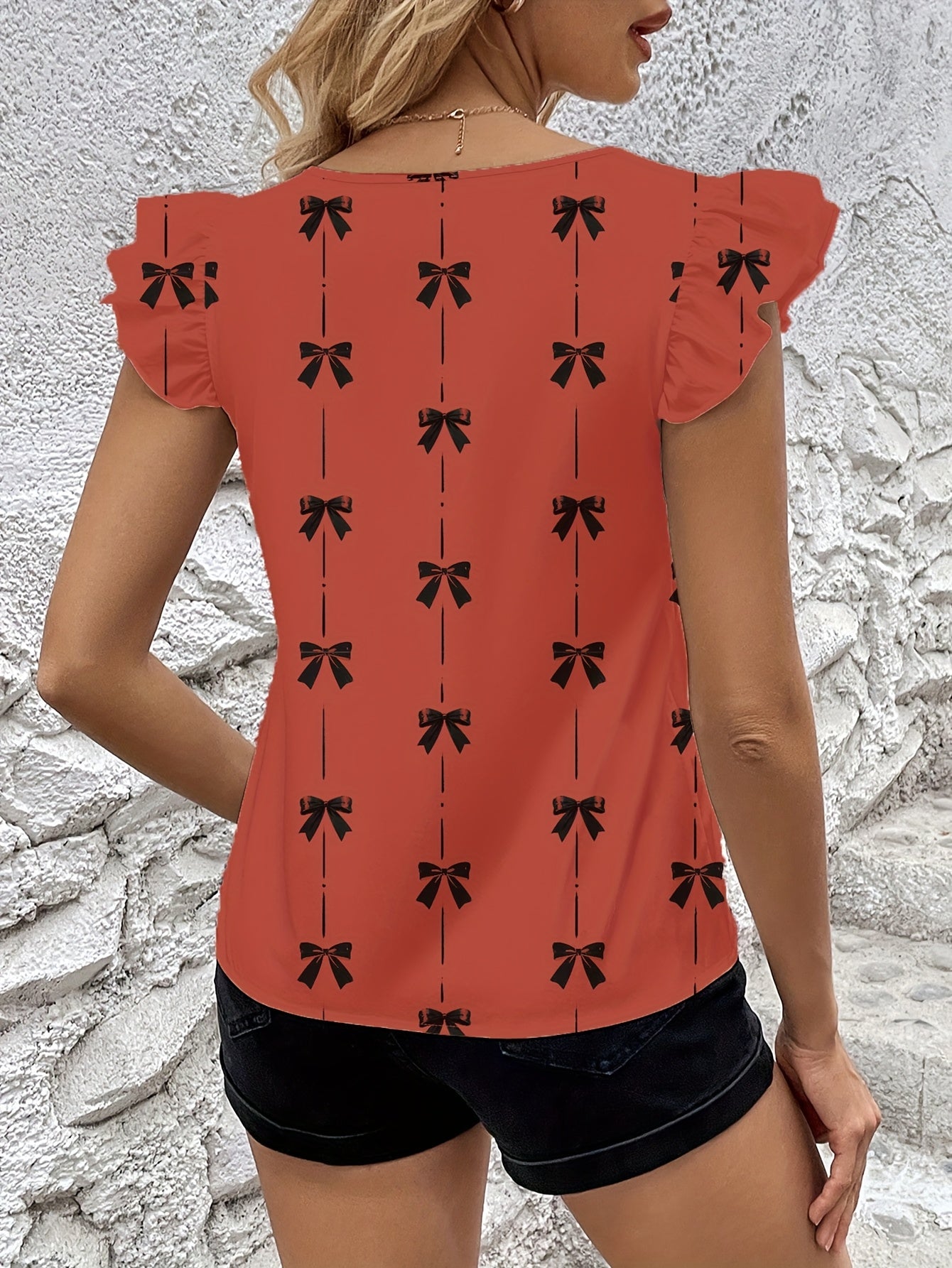 Graceful Women's Bow Print Flutter Sleeve Blouse Short-Sleeve Top