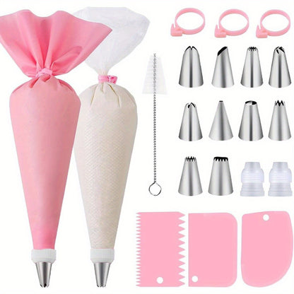 40pcs Cake Decorating Kit with 10 Piping Tips, 3 Reusable Icing Bags, 20 Disposable Bags, Cleaning Brush, Coupler, and Ties – Baking Tools for Cupcakes, Cookies, and Pastries – Essential Kitchen Accessories