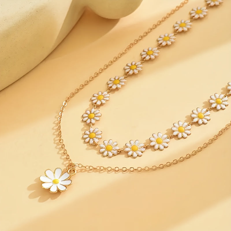 2pcs Fashion Classic Daisy Chain Necklace Set with White Flower Pendant, Double Layer Collarbone Necklace for Women - Perfect for Daily Wear and Party Accessories