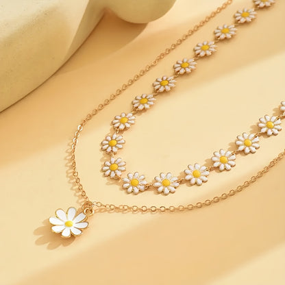 2pcs Fashion Classic Daisy Chain Necklace Set with White Flower Pendant, Double Layer Collarbone Necklace for Women - Perfect for Daily Wear and Party Accessories