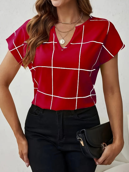 Women's Casual Plaid Print Shirt, V-Neck Short Sleeve Buttonless Blouse, Perfect for Spring and Summer Daily Outings, Vacation, Commuting, Stylish Women's Top, Cute T-Shirt, V-Neck, Summer Wear, Elegant Top, Casual Shirt, Ret